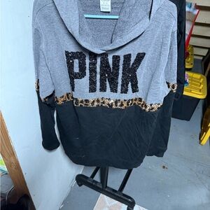 PINK Victoria's Secret Gray and Black Hoodie with Leopard Accents